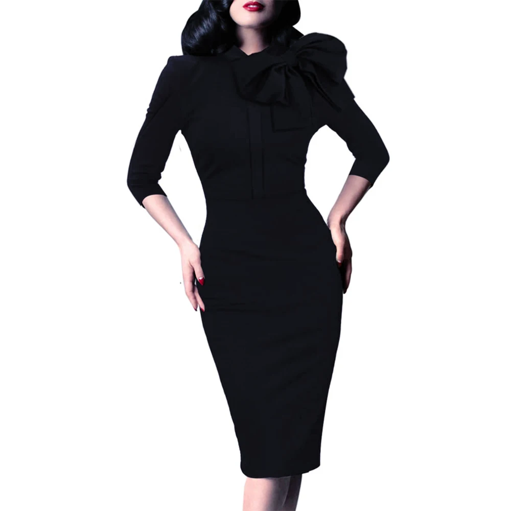 Suzhan Autumn Fashion Women Office Dresses Peplum Pencil Dress Sleeve Formal Business Attire Wear to Work Dresses Outfits - Цвет: Черный