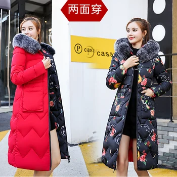 

Women Reversible Winter Cotton Padded Coat Parka Faux Fur Collar Winter Parkas Thick Warm Outwear C333