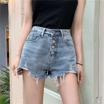 

Shorts Women High Waist Denim Casual Retro Korean Style Womens Trousers Button Ripped Streetwear Students Summer All Match 2020