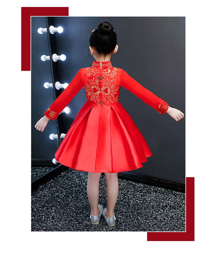 Красный атлас Cheongsam дети девочка принцесса платья китайский год платье Традиционный Тан костюм вышивка Qipao детей vestido