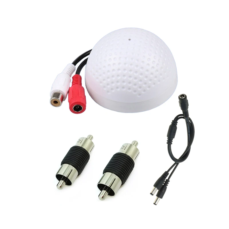 CCTV Camera Mic Kit Audio Pickup Sound Collection Voice Microphone With 2CH Power Splitter Wire 2 Pcs RCA Wire Adapter Connector