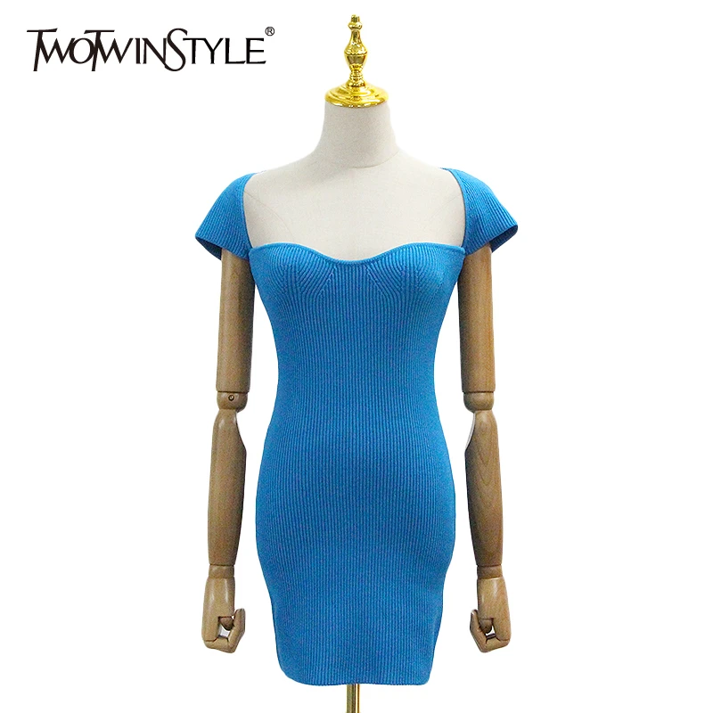 TWOTWINSTYLE Elegant Slim Summer Dress Women Square Collar Short Sleeve High Waist Tunic Knitting Mini Dresses For Female Tide TWOTWINSTYLE Elegant Slim Summer Dress Women Square Collar Short Sleeve High Waist Tunic Knitting Mini Dresses For Female Tide