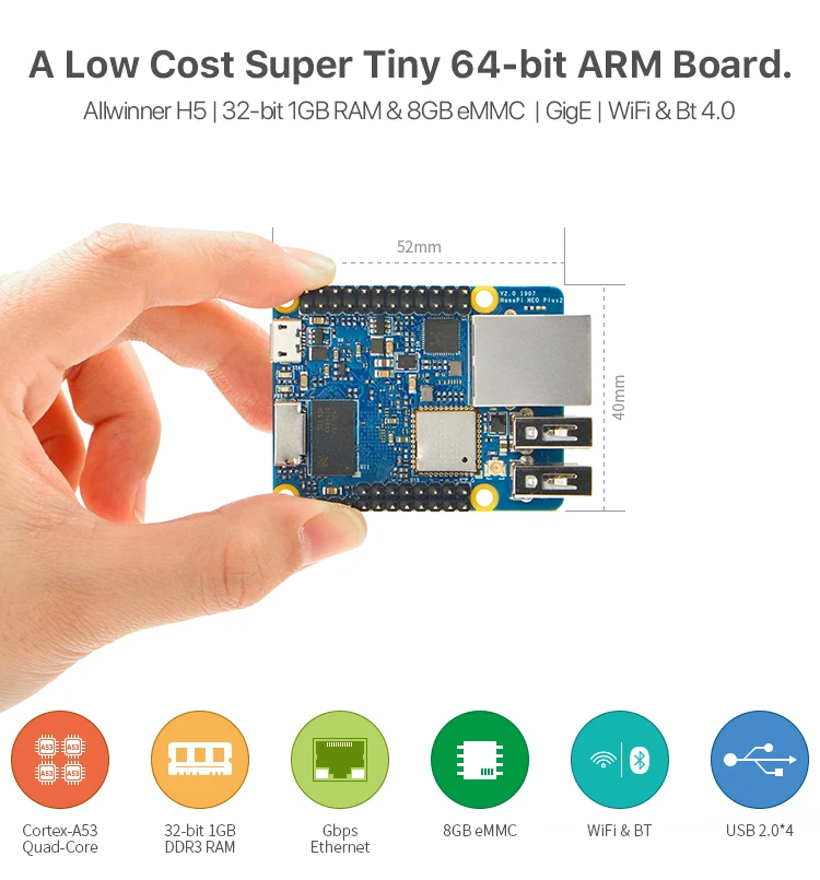 NanoPi NEO Plus2, Allwinner H5 макетная плата гигабитный Ethernet порт 1 Гб памяти, Wi-Fi Bluetooth