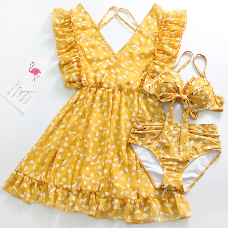 

South Korea Graceful New Style Chiffon Bikini Three-piece Set Bathing Suit Sexy Small Bust Gathering Belly Covering Slimming