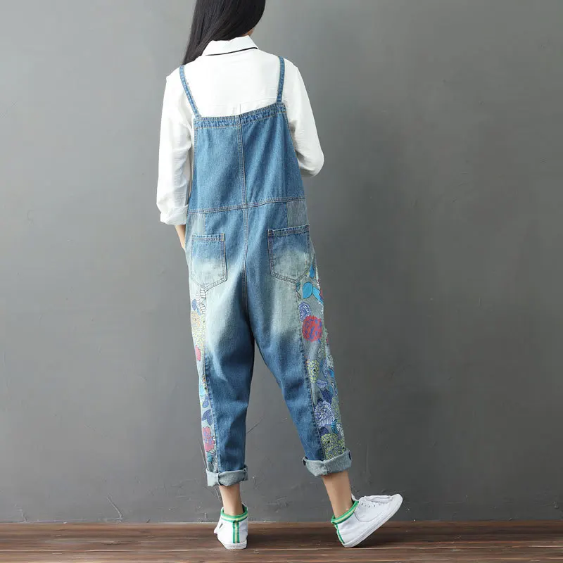 #1401 Vintage Floral Printed Denim Jumpsuits Women Retro Wide Leg Denim Overalls For Women Jeans Jumpsuit Ladies Loose Spring