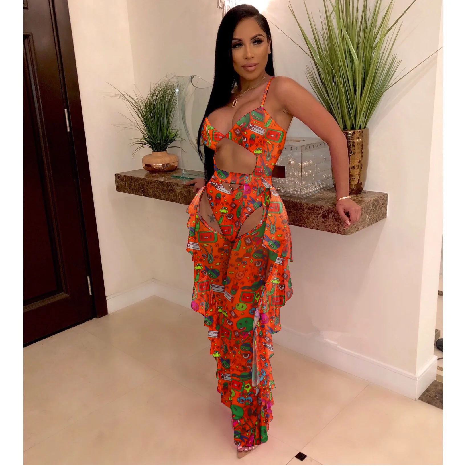 tweed two piece set HAOOHU Neon Green Sexy 2 Piece Matching Sets Women Festival Clothing Rompers Bodysuit and Sheer Mesh Pants Beach Club Outfits sexy pant suit Suits & Blazers