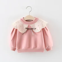 Модные осенние детские свитера с длинными рукавами и кружевным воротником для маленьких девочек верхняя одежда S9312