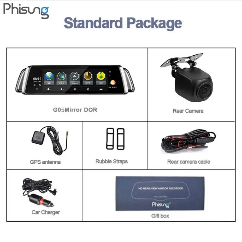 Phisung G05 1080P Dash камера Android автомобильный видеорегистратор Dashcam 9,35 ''потоковое зеркало двойной объектив wifi видео рекордер с задней камерой