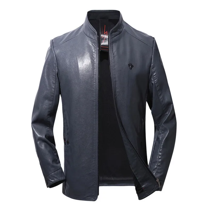 VROKINO Brand Men's Fashion Motorcycle Jacket Casual Stand Collar Men's Black Blue PU Long Sleeve Coat Large Size M-4XL
