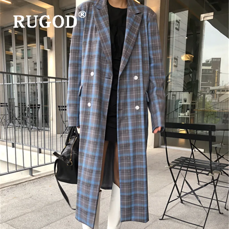 RUGOD, женские длинные пальто, отложной воротник, клетчатый узор, двубортный Тренч, модное, женское, элегантное, свободное, негабаритная ткань