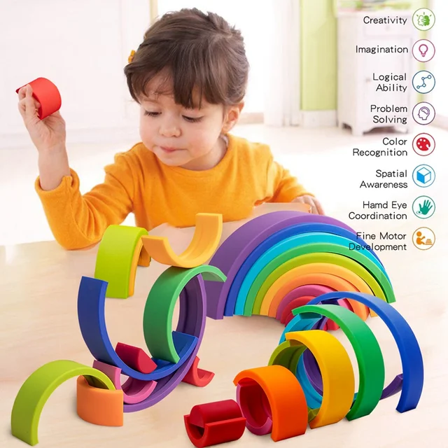 Silicone Rainbow Blocks For Children Rainbow Stacker Stacking Blocks Toy Baby Constructor Montessori Games Educational Toys Gift 5