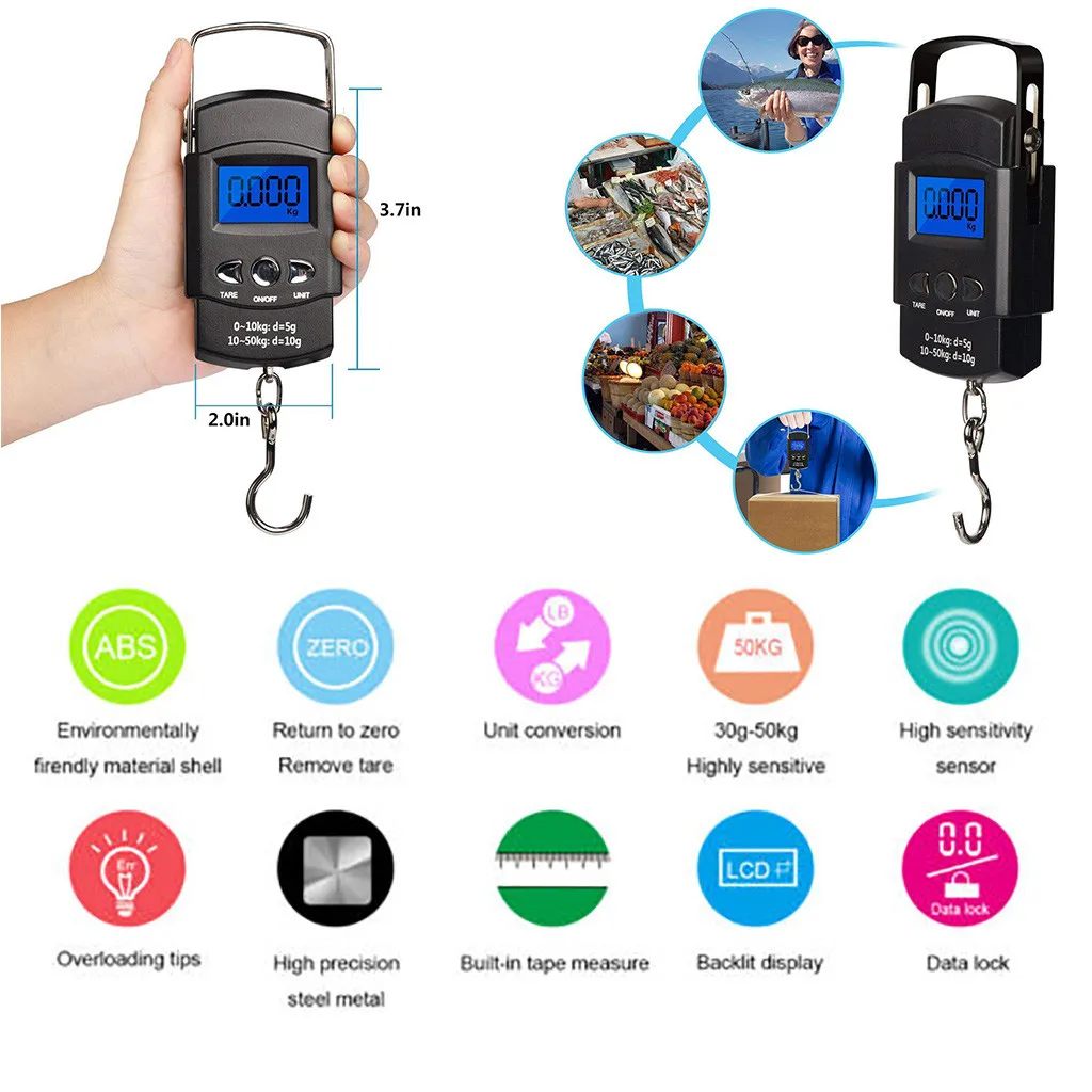 Ручной ЖК-дисплей Электронные цифровые весы для путешествий, рыбы, багажа, подвесной крючок, весы для кухни, дома, кухни, измерительные инструменты Y1