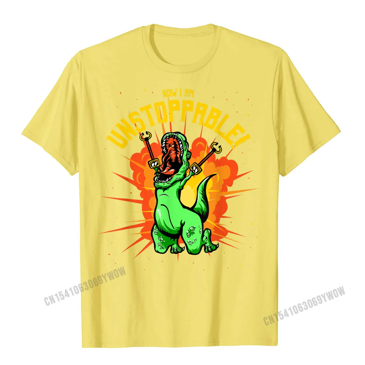 Summer Coupons Men T-shirts O-Neck Short Sleeve 100% Cotton Tops Shirts Family Tops Tees Free Shipping Now I Am Unstoppable T-Rex T-Shirt Funny Dinosaur Claws Tee__979 yellow
