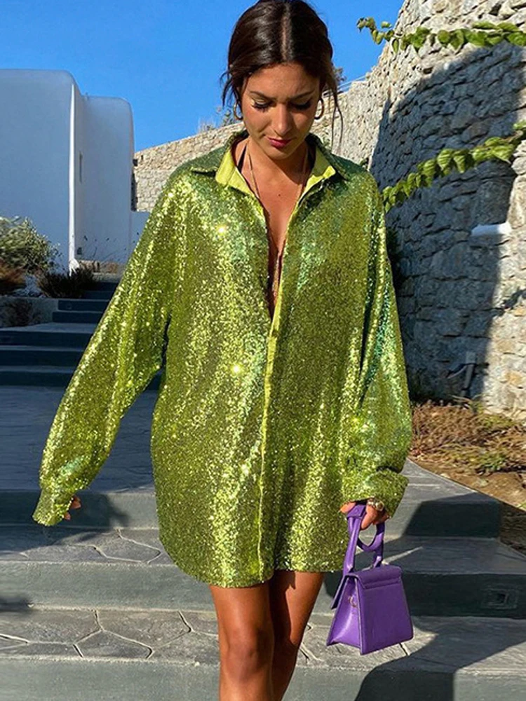 

Female Shiny Sequin Long Sleeve Blouse Dress Women Button Up Loose Party Club Mini Shirt Dress Street wear 2024 Fahion Yuqung