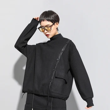 

Korea Loose Fit Black Button Split Joint Oversized Sweatshirt New Turtleneck Long Sleeve Women Big Size Fashion Tide Spring 2020