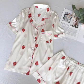 

Fiklyc Short-Sleeved Women's Home Service Silk Satin Short-Sleeved Shorts Cardigan Women's Pajamas Two-Piece