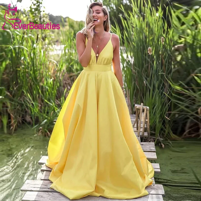 

Robe De Soiree Spaghetti Straps Long Evening Dress 2019 Satin V-Neck Evening Party Dresses Formal Dress