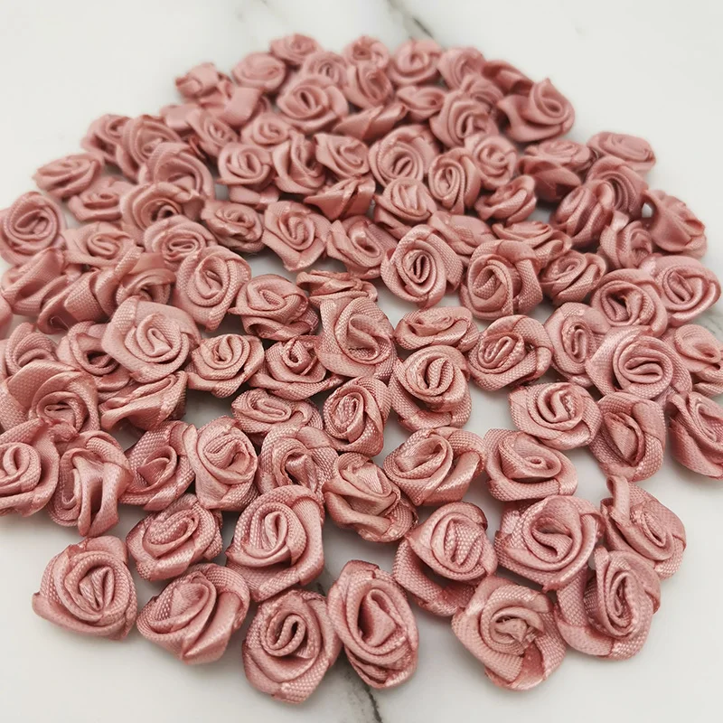 (100 Pcs/pack) 10*10mm Mini Fresh Pink Ribbon Flowers Small Size Satin Ribbon Artificial Flower Craft Festive Party Decoration