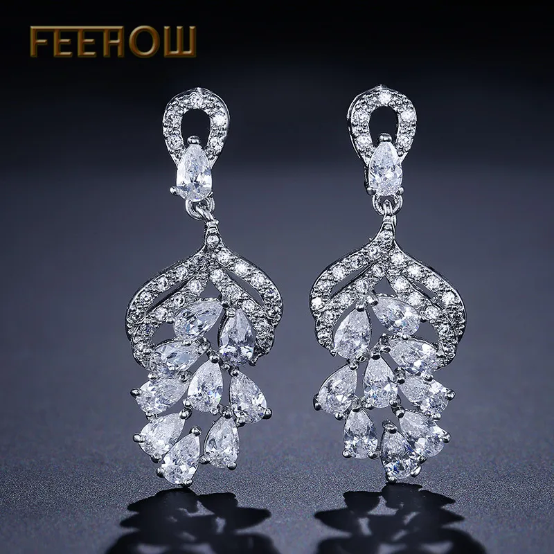 Женские серьги подвески с фианитом FEEHOW белые для свадебной вечеринки и ужина