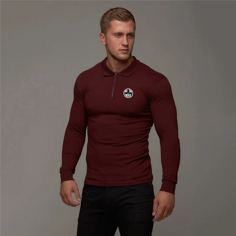 

Gym Fashion Zipper Polo Shirt Mens Clothing Workout Casual Breathable Sporting Long Sleeve Bodybuilding Muscle Shirts
