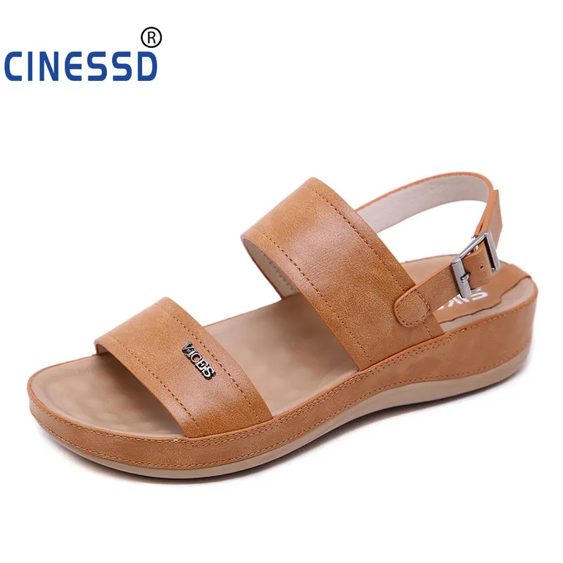 

CINESSD 2020 Size 36-42 Summer Women Sandals Platform Leather Soft Comfortable Wedge Shoes Ladies Casual Sandals