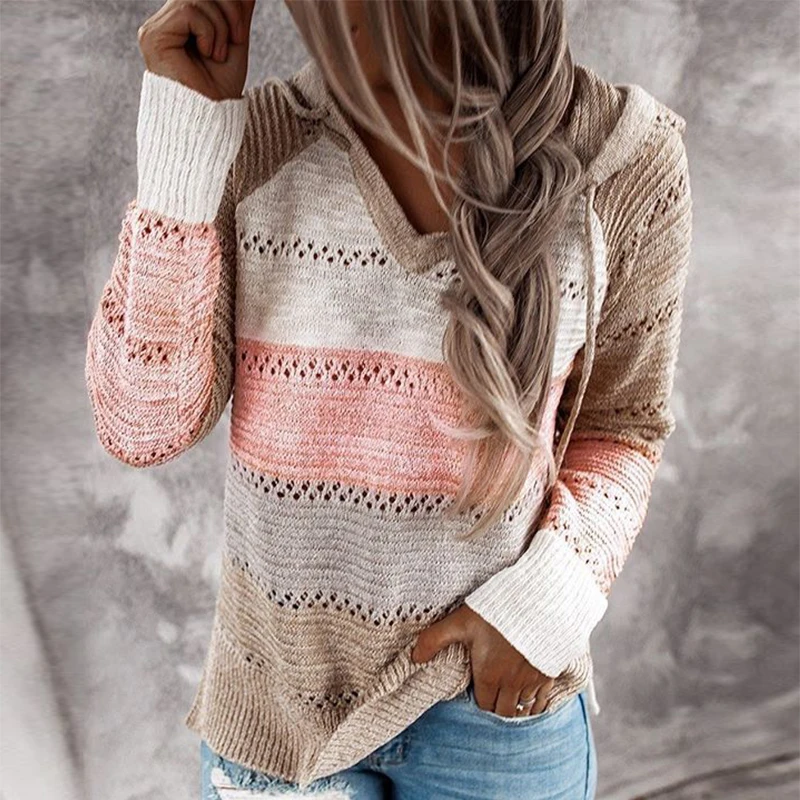 Suéter con capucha de retales para mujer, suéter de manga larga con cuello en V, Jersey de punto informal a rayas, novedad de Otoño de 2020