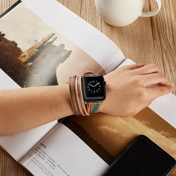 

elenxs Replacement for iWatch1/2/3/4 Leather Wristband Double Rings Wrist Strap Replace Accessories