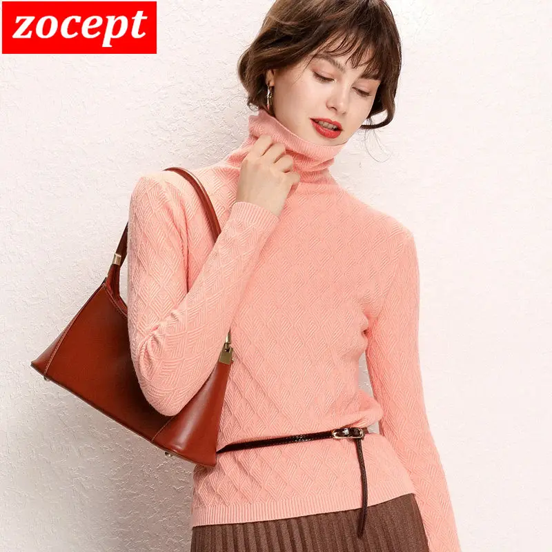 zocept winter fashion women Geometry pattern knit sweater turtleneck long sleeve slim dark camel black soft pullover ZO-06