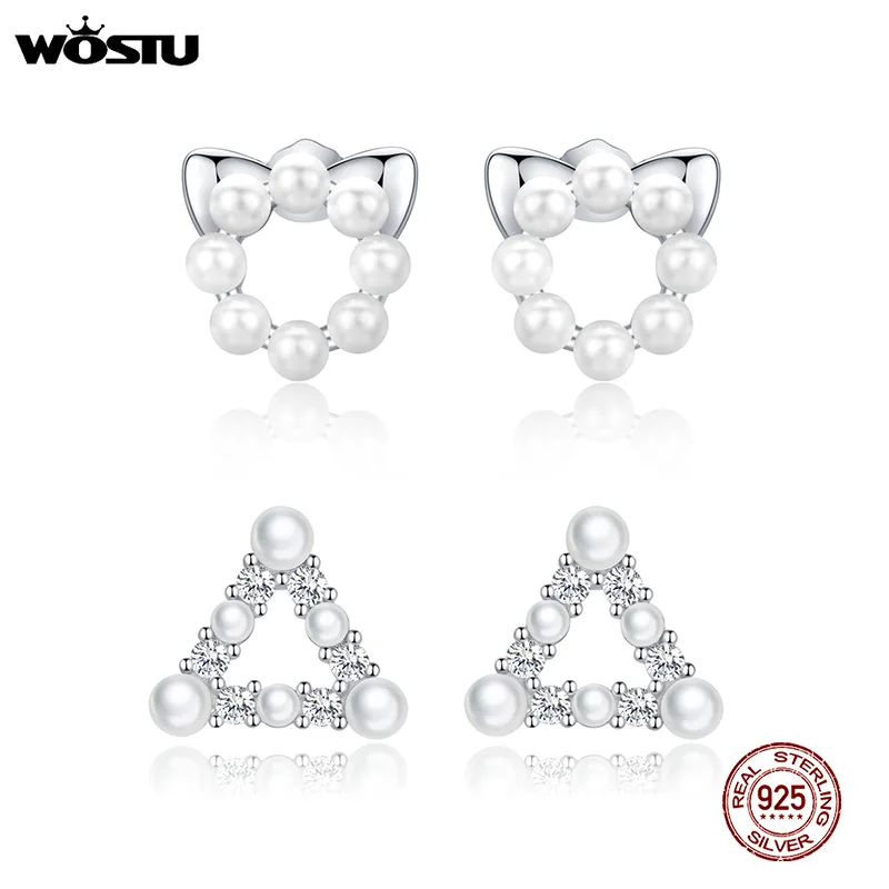 

WOSTU Real 100% 925 Sterling Silver Triangle Stud Earrings Freshwater Pearl Wedding Small Earring For Women Luxury Jewelry E215