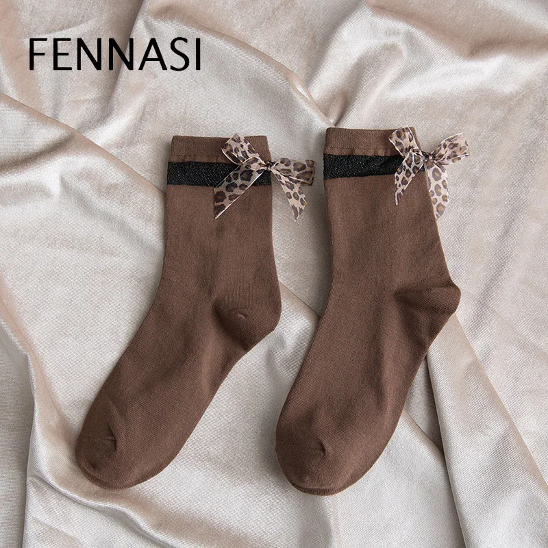 FENNASI/леопардовые женские носки-трубы с бантом; сезон осень-зима; новые японские хлопковые носки; женские носки хараюку в Корейском стиле