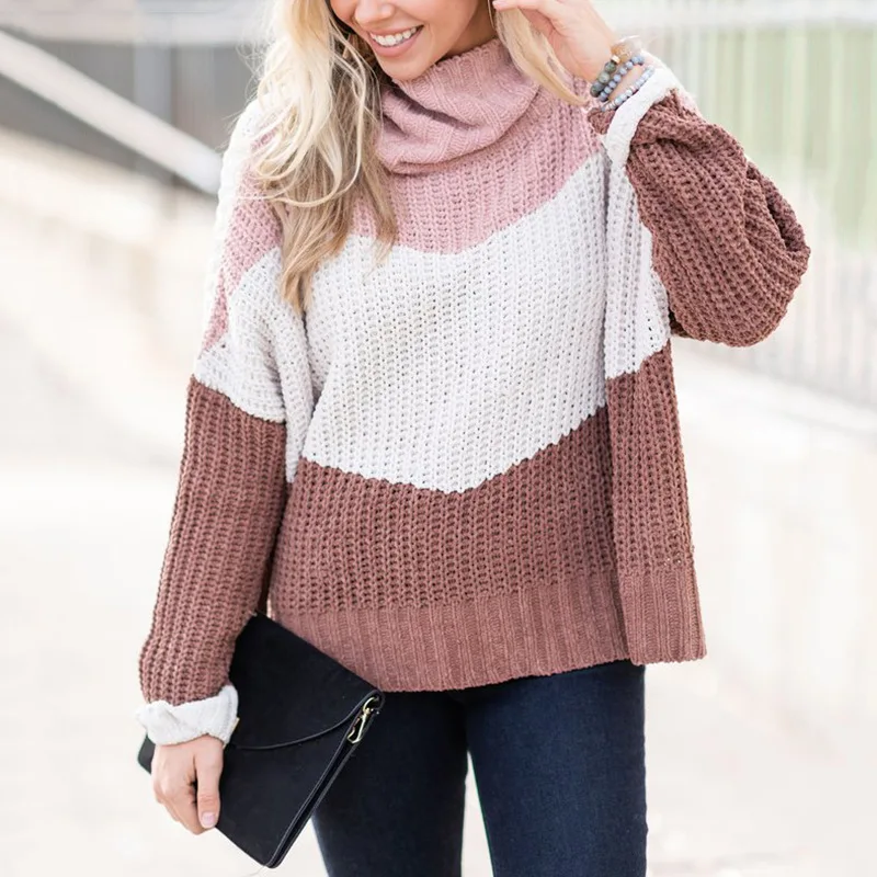 

2019 autumn and winter sweater women chenille velvet color matching sweater high collar women sweater