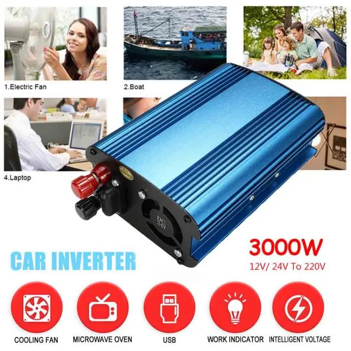 3000 W/4000 W фары для автомобиля на солнечной батарее Мощность Инвертор постоянного тока в 12/24V к переменному току 220V Модифицированная синусоида преобразователь FKU66