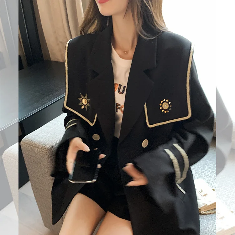 

Early Autumn Black hai jun ling Small Suit Coat Female Loose Double Breasted Embroidered College Style Short Coat Tops Women