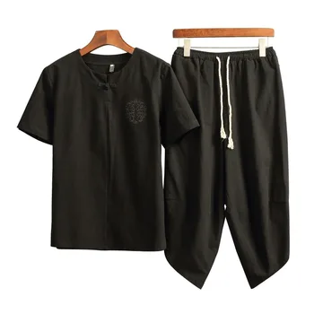 

2020 Summer Men's Cotton Linen Suit Short Sleeve T-shirt Cropped Pants Two-piece Suit Japanese Large Men's Clothing