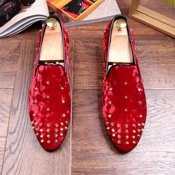 

New Arrival Luxury Men Casual Loafer Shoes Fashion Rivets Flock Personalized Night Club Shoes Man 3Colors Red Blue Black