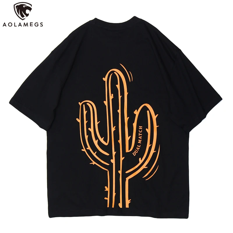 

Aolamegs T-shirt Huge Cactus Printed T-shirts Summer High Street Simple College Style Casual short sleeve Streetwear t shirt men