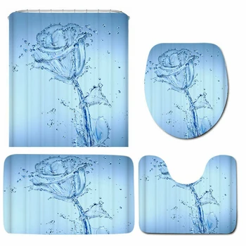 

Blue Shower Curtain Rose Flower Toilet Cover Rugs Bathroom Comfortable