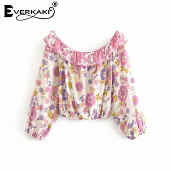 

Everkaki Blouses Top Women Boho Print Off Shoulder Shirts Pink Ethnic Long Sleeve Gypsy Ladies Blouse Tops Female 2020 New