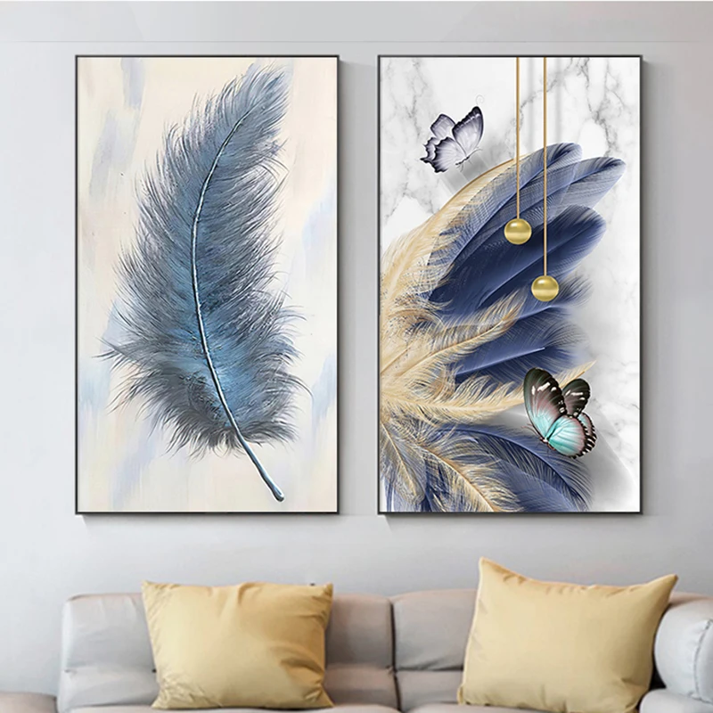 

Abstract Blue Feather Canvas Painting Picture Nordic Posters and Prints Wall Art for Living Room Cuadros Home Decoration