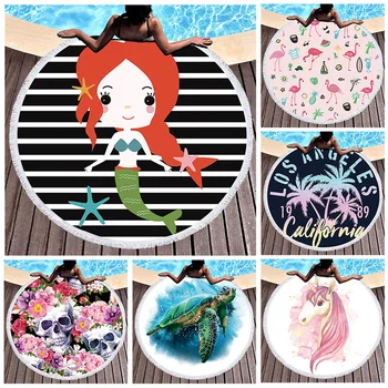 

Turtle Leaf Mermaid Round Beach Towel with Tassel Flamingo Large Blanket Plant Picnic Yoga Mat Travel Tablecloth Toalla De Playa