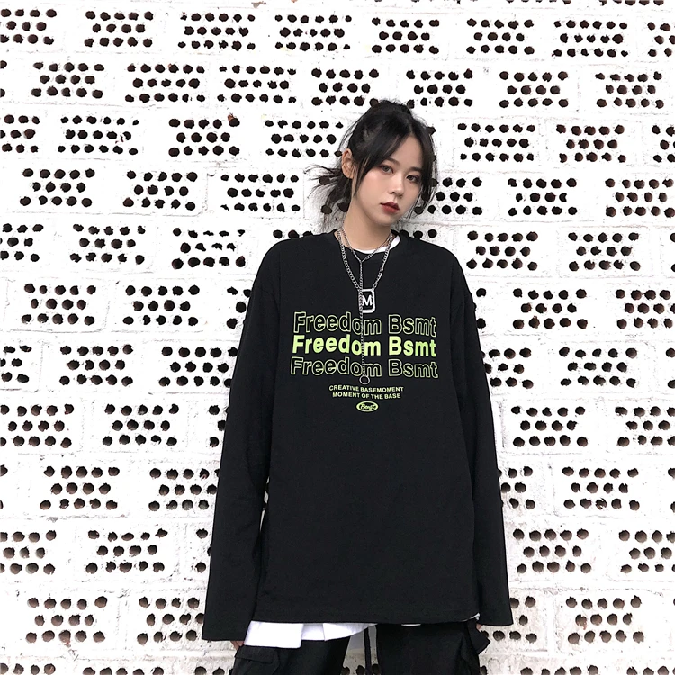 Harajuku уличная женская футболка Осень корейский стиль Ulzzang Винтажная футболка с длинными рукавами с буквами Женская белая футболка Топ