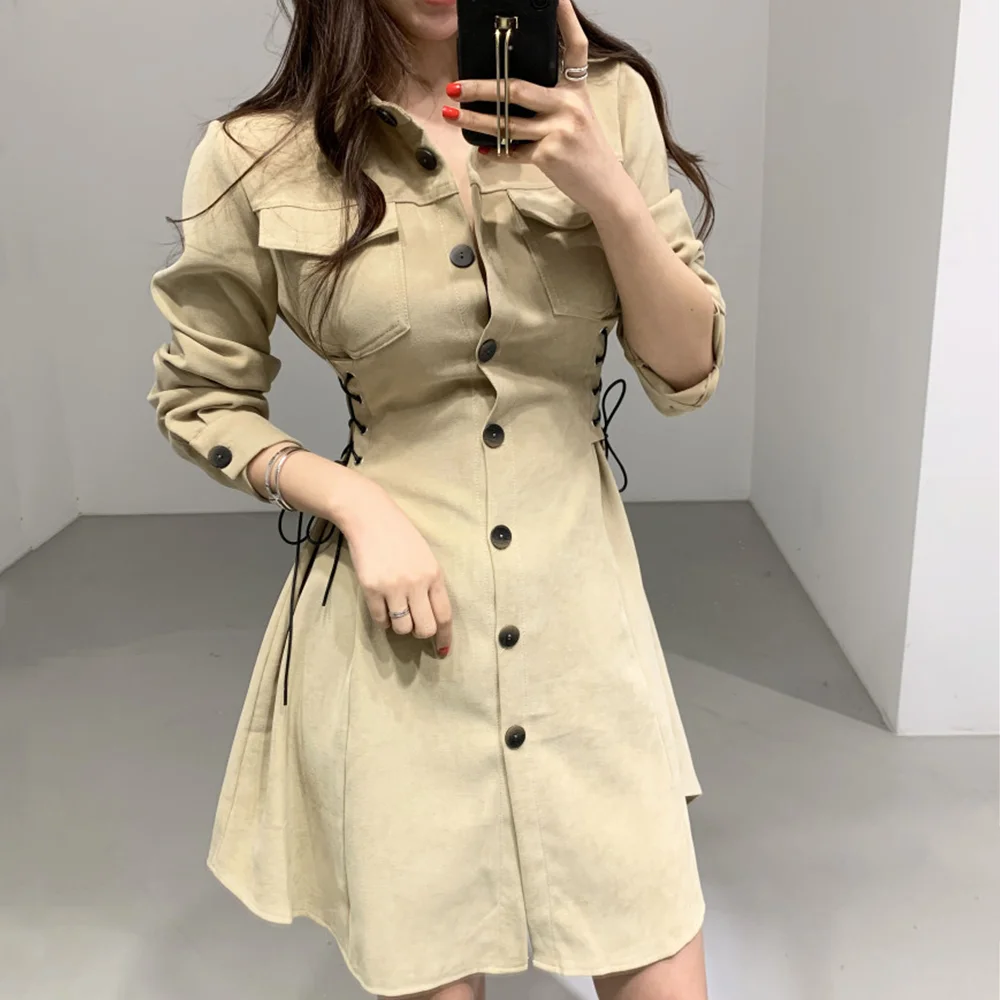 Bodycon Fashion Dress Women Long Sleeve Mini Vestidos 2020 Spring Single Breasted Women Dresses Korean Style Sexy Ladies Dresses