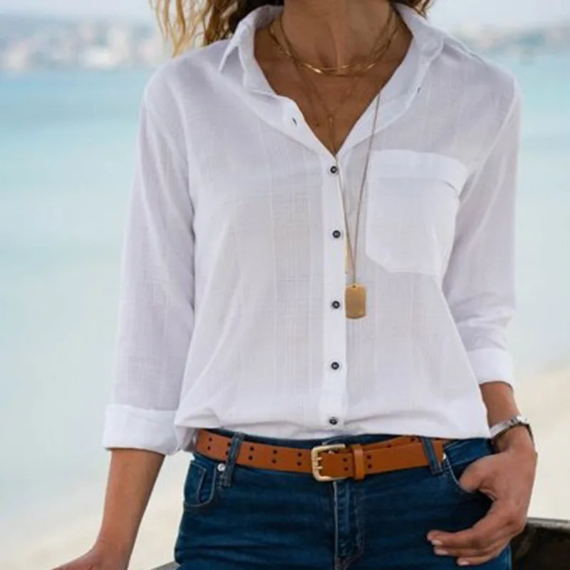 Blusas Femme с длинным рукавом отложной воротник топы блузки Офисная Женская белая