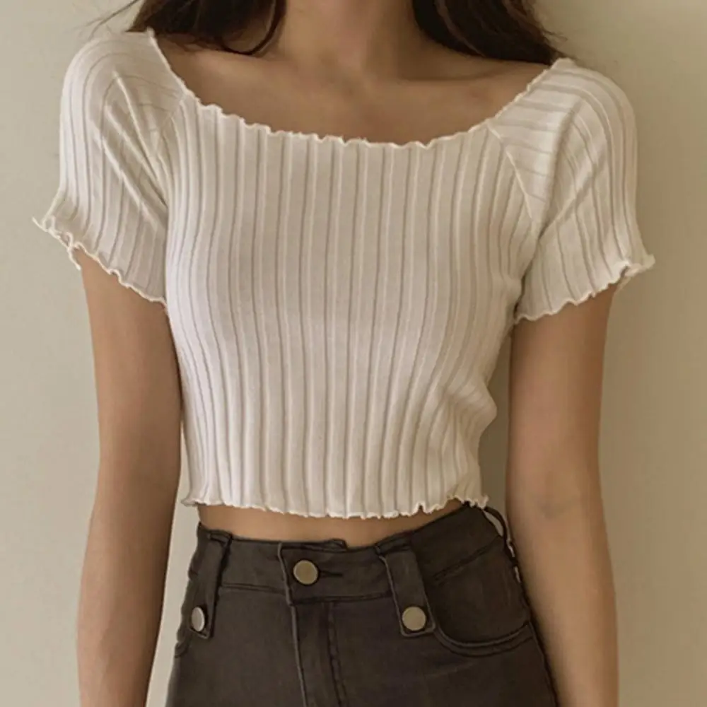 

Women Solid Color Off Shoulder Short Sleeve Slim Crop Top Knitted T-shirt Blouse Sexy Shirt New Office Street Tops and Blouses
