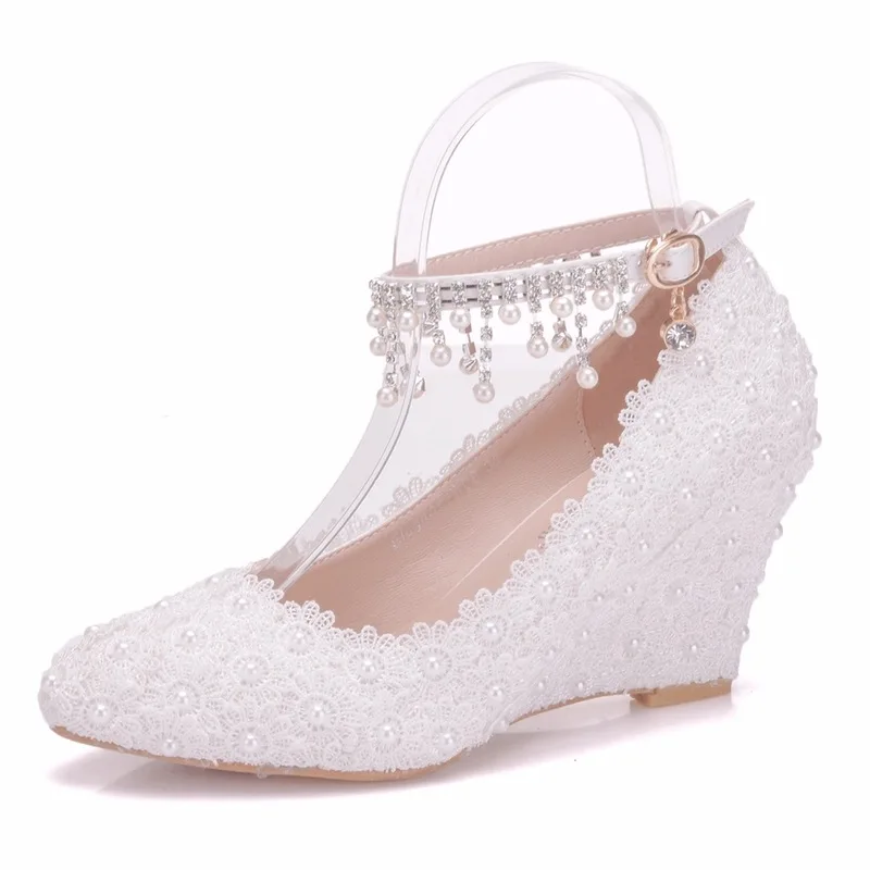 

Shoes Woman Pumps wedding Party banquet Lace PU Rhinestones Buckle Strap 8CM Wedges High Heels Pointed Toe women shoes size35-42