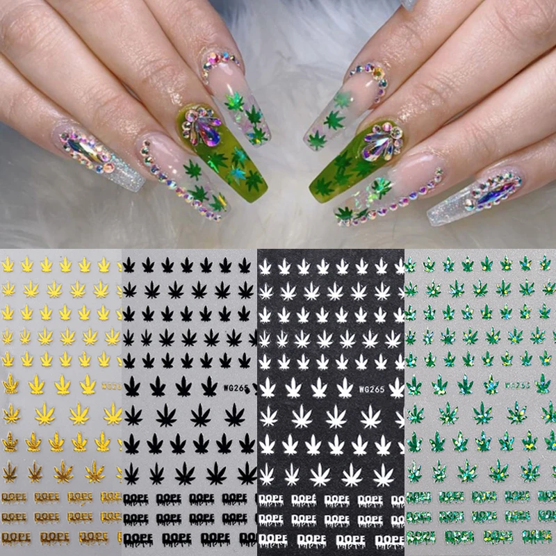 

Weed Leaf 3D Nail Stickers Golden Green White Transfer Decals Slider Foil DIY Nail Art Decorations Wraps Manicure Accessories