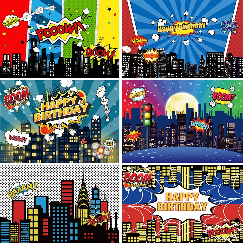 

Superhero Birthday Backdrop For Photography Baby Cartoon Comic City Building Family Shoot Photocall Kid Poster Photo Background