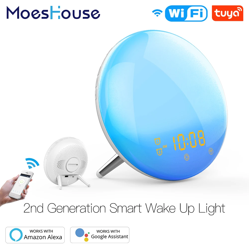

WiFi Smart Wake Up Light Workday Alarm Clock with 7 Colors Sunrise/Sunset Smart Life Tuya APP Works with Alexa Google Home