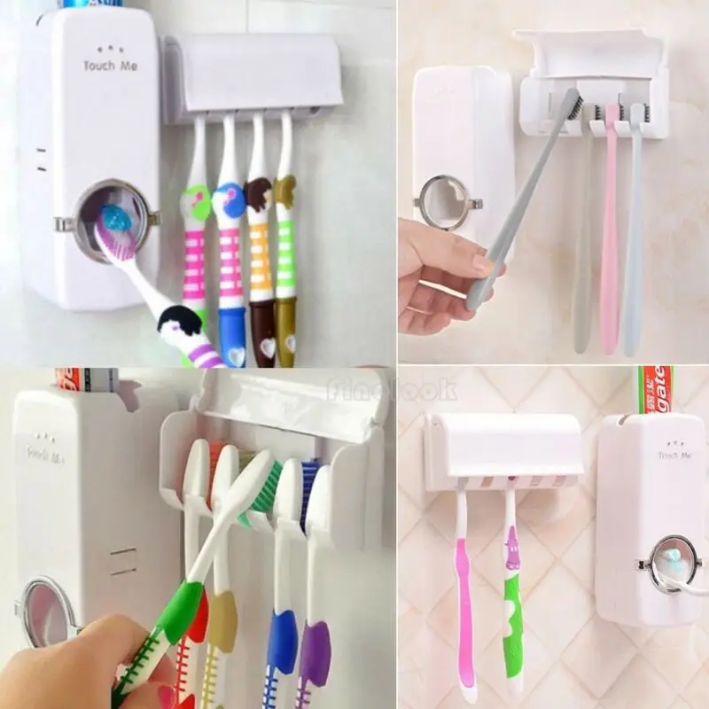 New trendy White Automatic Toothpaste Dispenser Toothpaste Toothbrush Holder Home Bathroom Wall Mount Stand Storage Rack White