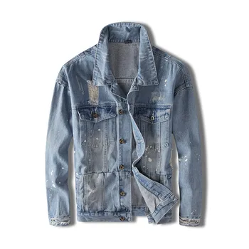

MORUANCLE Men Destroyed Painted Jean Jackets With Holes Hi Street Ripped Printed Denim Trucker Jacket Outerwear Washed Blue
